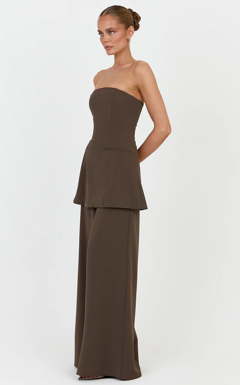Jane Two Piece Top and Pants Set - Strapless Longline Top and Wide Leg Pants Set in Dark Chocolate