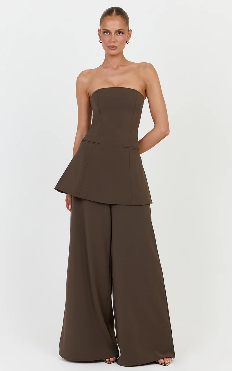 Jane Two Piece Top and Pants Set - Strapless Longline Top and Wide Leg Pants Set in Dark Chocolate