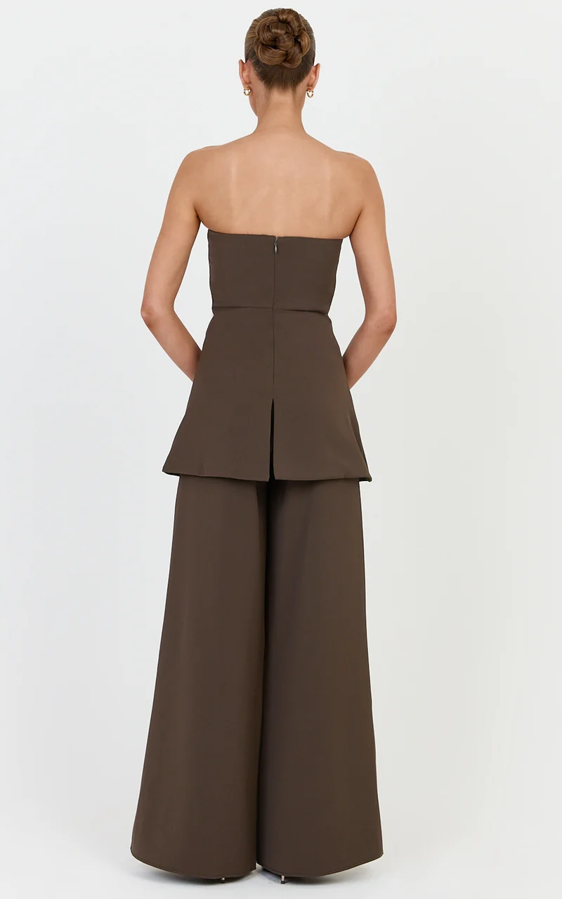 Jane Two Piece Top and Pants Set - Strapless Longline Top and Wide Leg Pants Set in Dark Chocolate