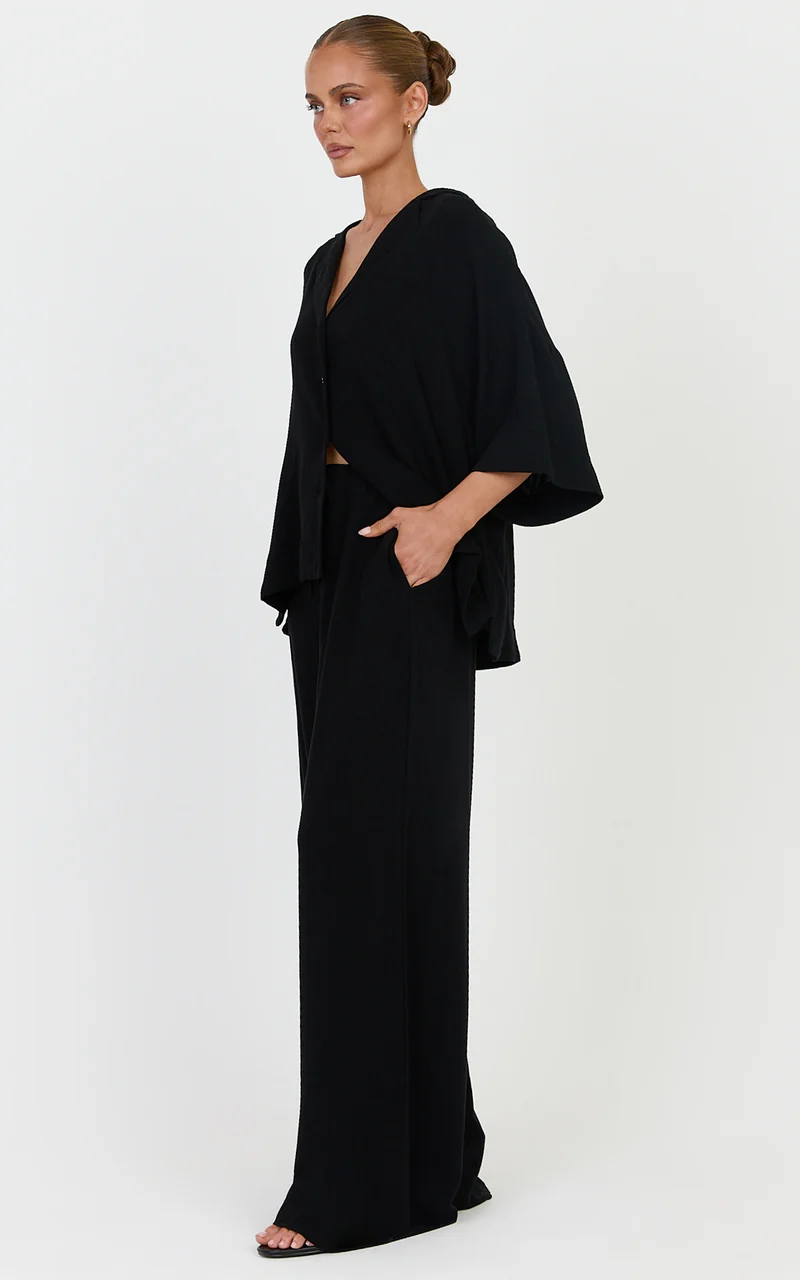 Jenna Two Piece Top and Pants Set - Linen Blend Button Through Shirt and Drawstring Pants Set in Black