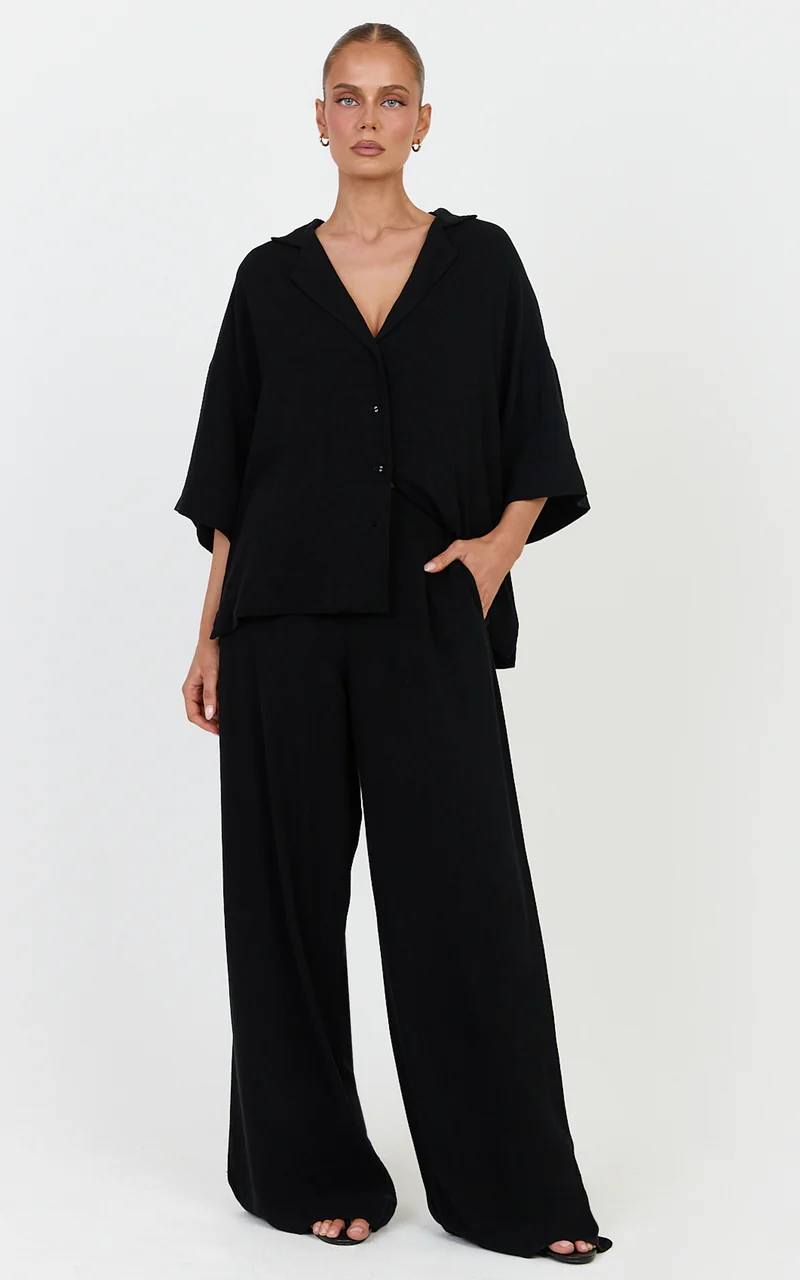 Jenna Two Piece Top and Pants Set - Linen Blend Button Through Shirt and Drawstring Pants Set in Black