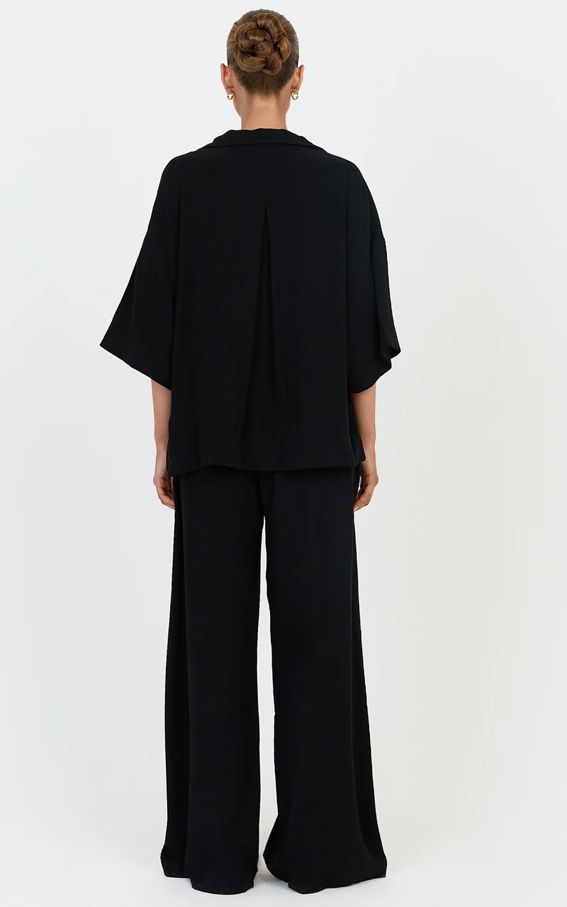 Jenna Two Piece Top and Pants Set - Linen Blend Button Through Shirt and Drawstring Pants Set in Black