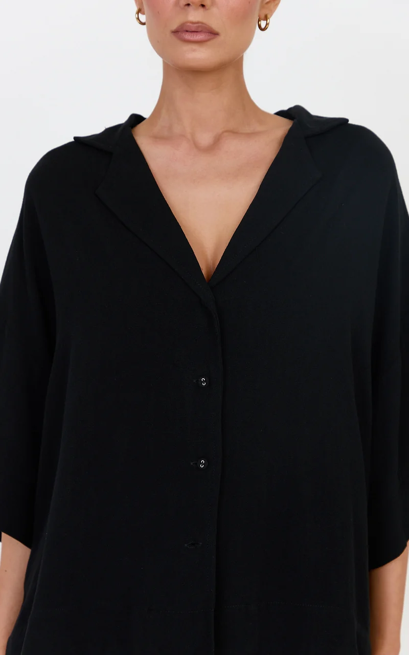 Jenna Two Piece Top and Pants Set - Linen Blend Button Through Shirt and Drawstring Pants Set in Black