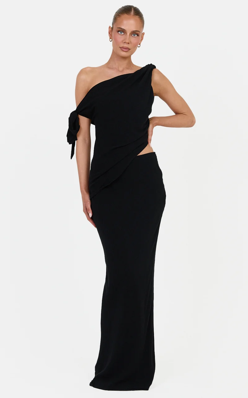 Antoinette Two Piece Top and Skirt Set - Linen Blend Tie Detail Top and Maxi Skirt Set in Black