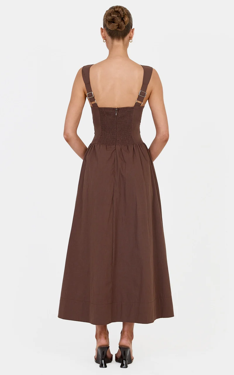 Melody Midi Dress - Cotton V Neck A Line Dress in Chocolate