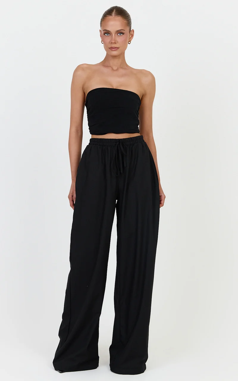 Vivienne Pants - Linen Blend Wide Leg Pants in Black