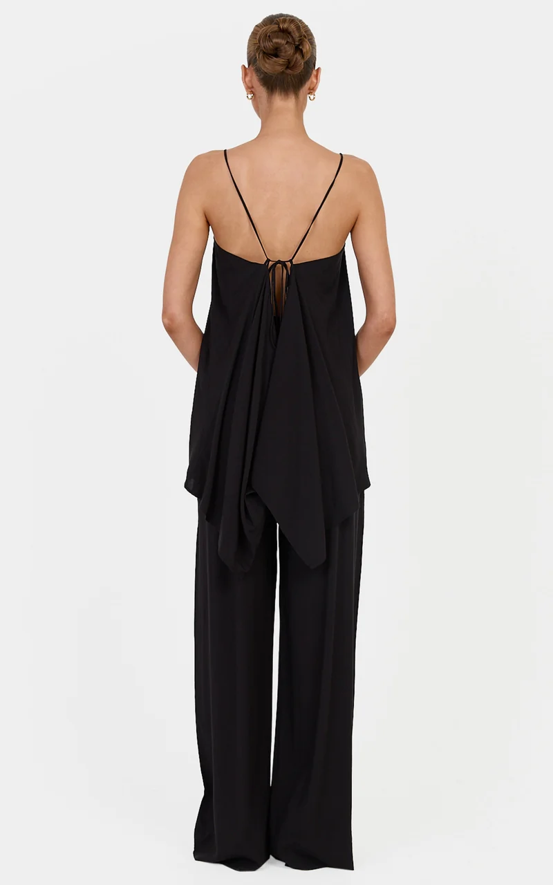 Lucy Two Piece Top and Pants Set - Waterfall Back Detail Top and Pants Set in Black