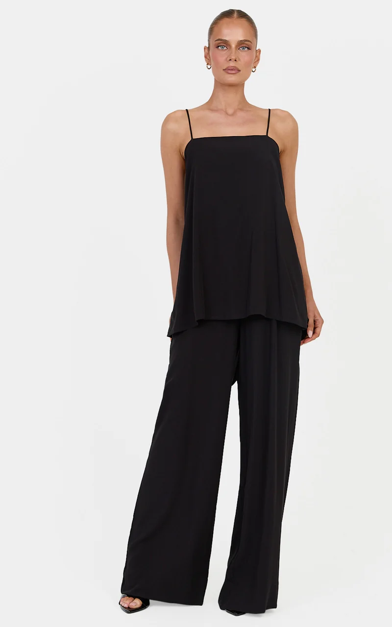 Lucy Two Piece Top and Pants Set - Waterfall Back Detail Top and Pants Set in Black