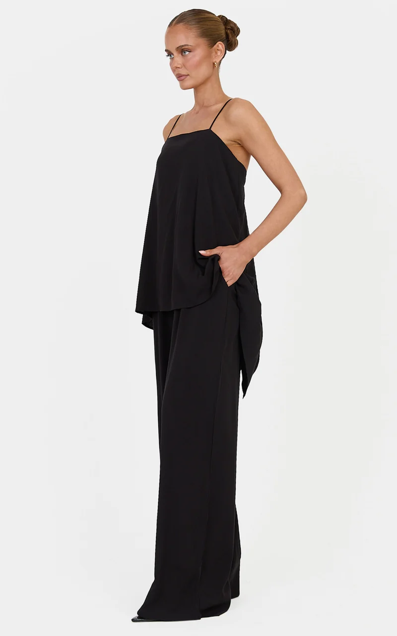 Lucy Two Piece Top and Pants Set - Waterfall Back Detail Top and Pants Set in Black