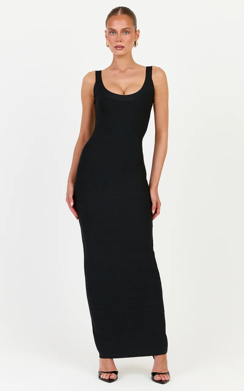 Valentina Maxi Dress - Scoop Neck Bodycon Bandage Dress in Black
