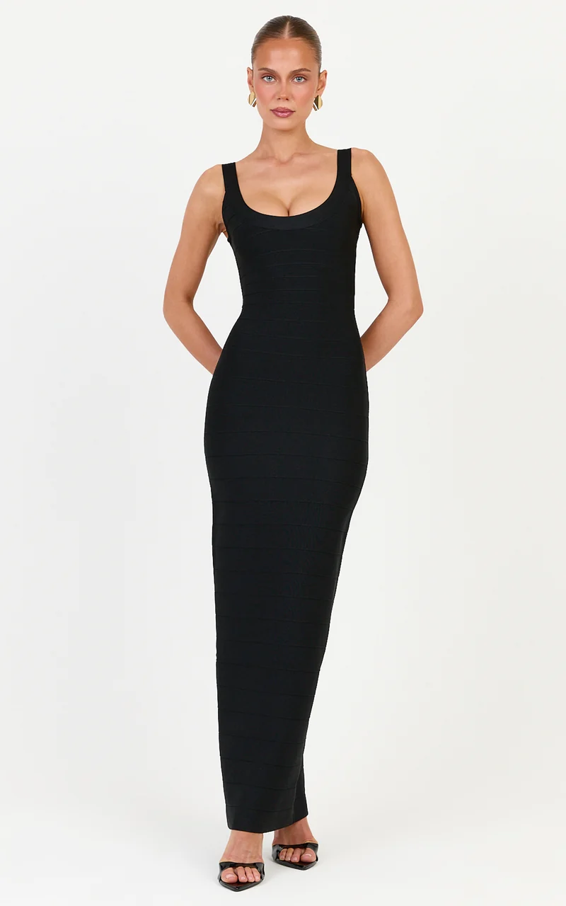 Valentina Maxi Dress - Scoop Neck Bodycon Bandage Dress in Black