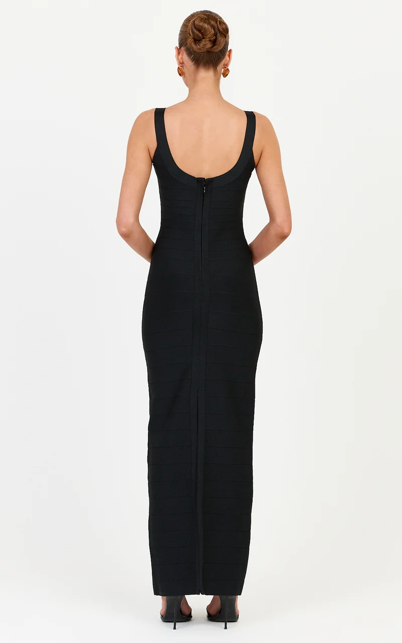 Valentina Maxi Dress - Scoop Neck Bodycon Bandage Dress in Black