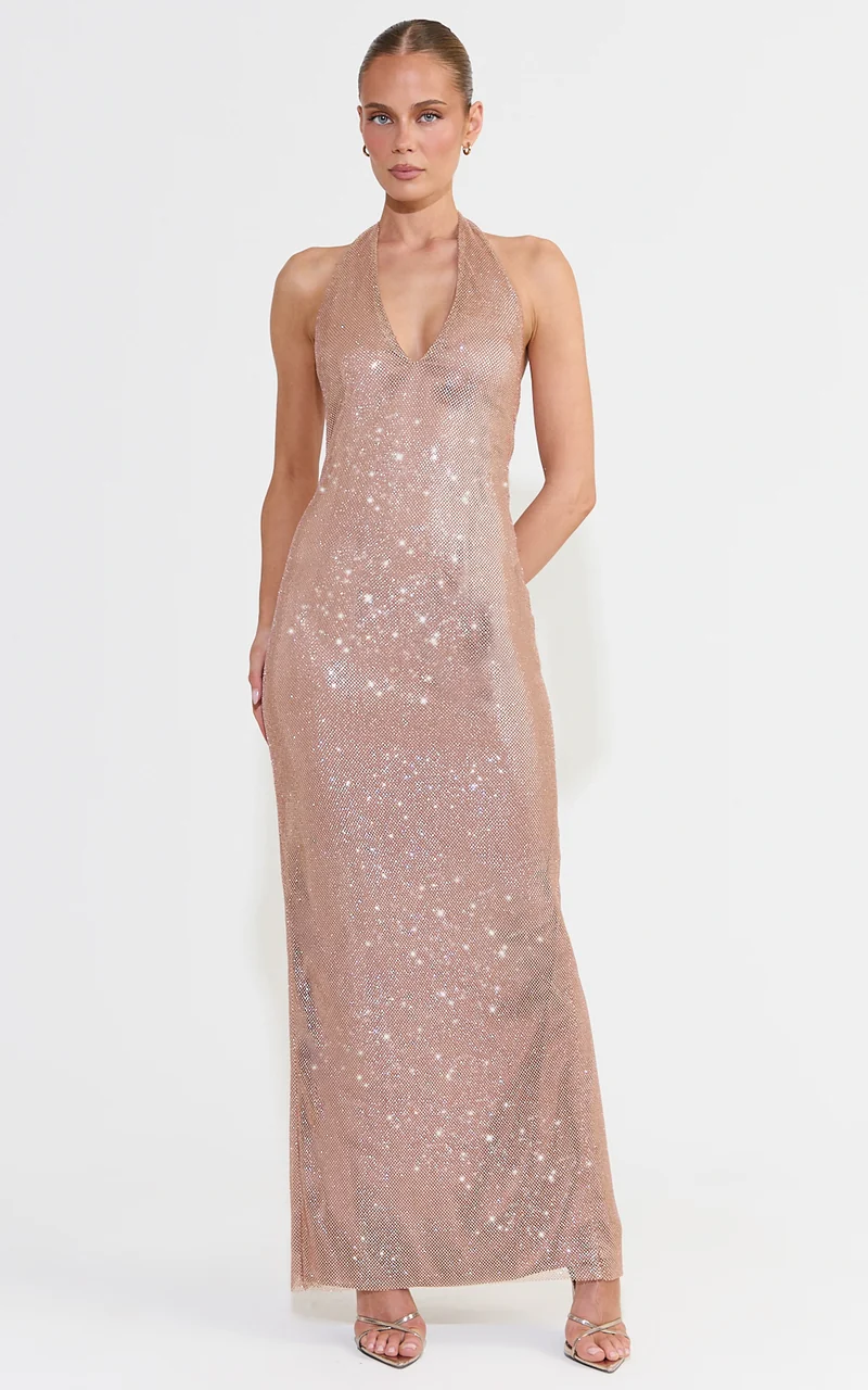 Elise Maxi Dress - Plunge Halter Neck Backless Diamond Net Dress in Antique Gold