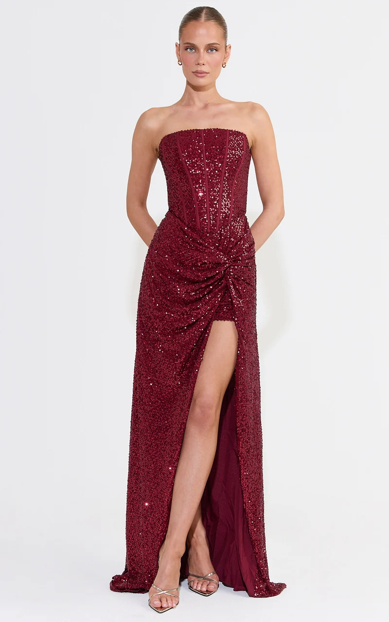 Tess Maxi Dress - Strapless Corset Bodice Sequin Dress With Draped Skirt in Wine