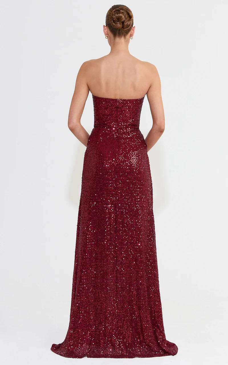 Tess Maxi Dress - Strapless Corset Bodice Sequin Dress With Draped Skirt in Wine