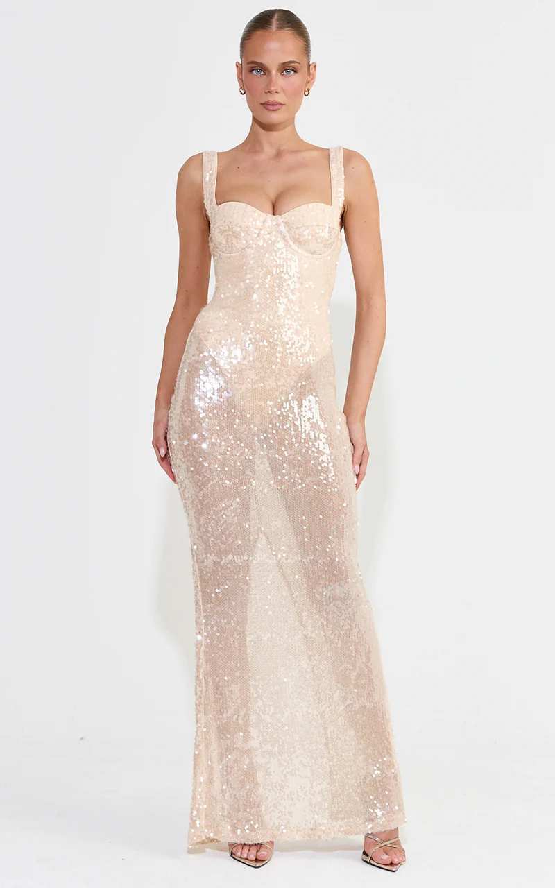 Noemi Maxi Dress - Sequin Sheer Dress With Back Split in Gold