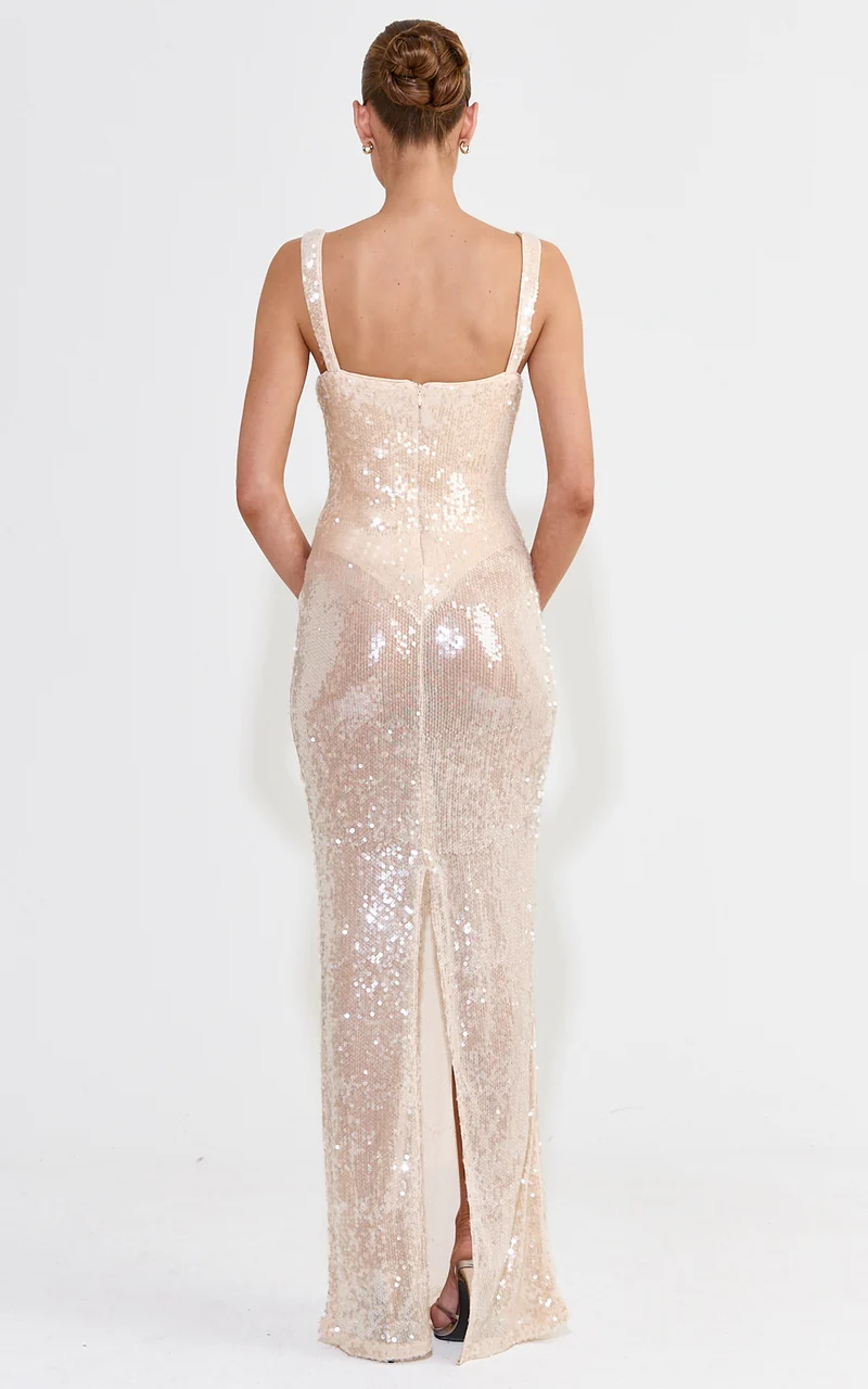Noemi Maxi Dress - Sequin Sheer Dress With Back Split in Gold
