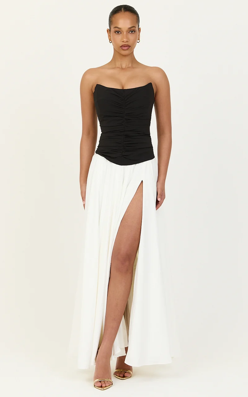 Evelina Maxi Dress - Strapless Corset Dress With Contrast Gathered Skirt in White/Black