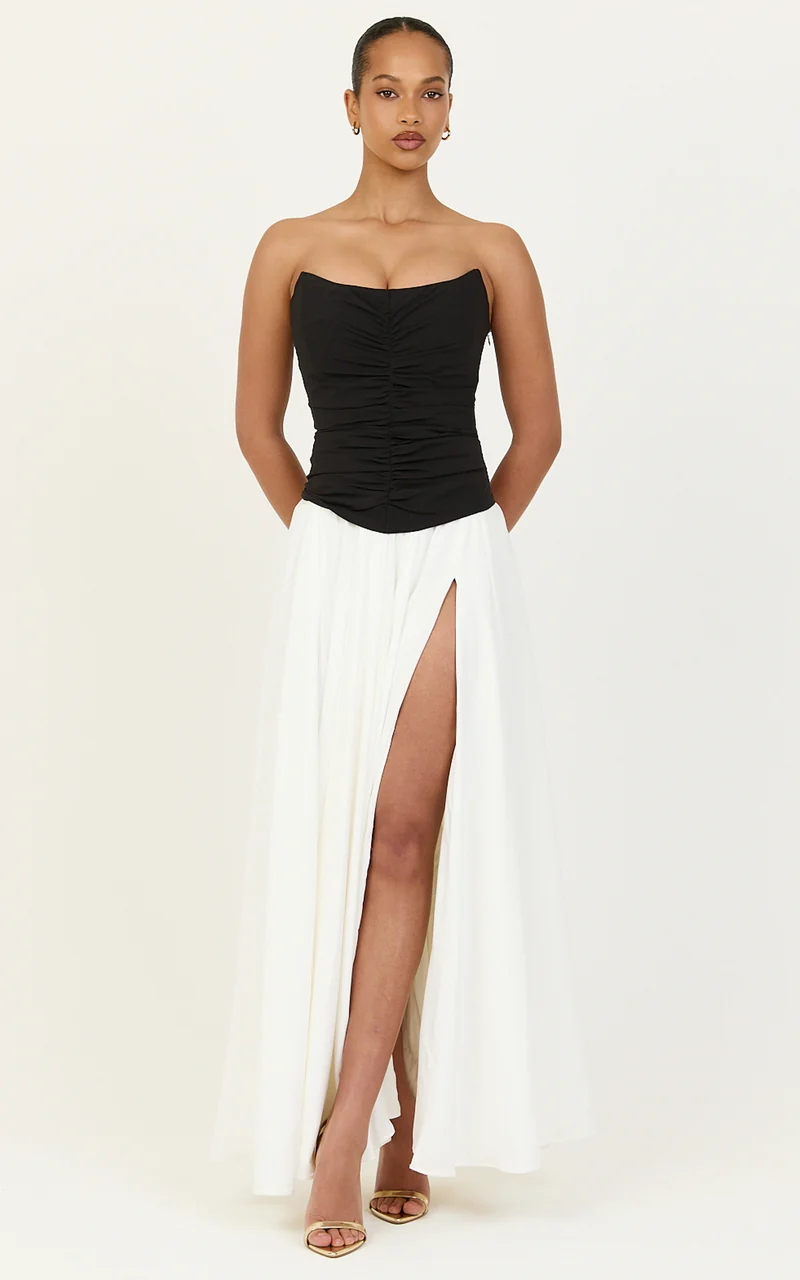 Evelina Maxi Dress - Strapless Corset Dress With Contrast Gathered Skirt in White/Black