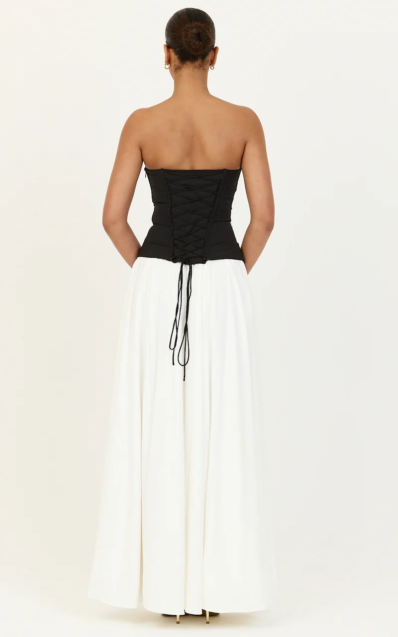 Evelina Maxi Dress - Strapless Corset Dress With Contrast Gathered Skirt in White/Black