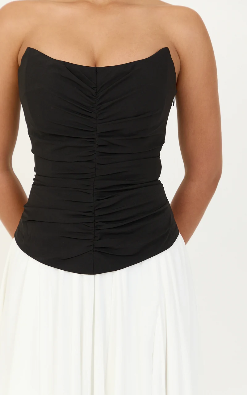 Evelina Maxi Dress - Strapless Corset Dress With Contrast Gathered Skirt in White/Black
