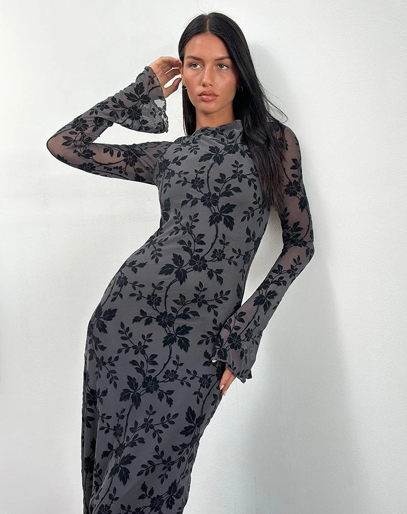 Slokya Long Sleeve Maxi Dress in Vine Floral Flock Ocean Storm (Robe longue à manches longues en flocon de fleurs de vigne)