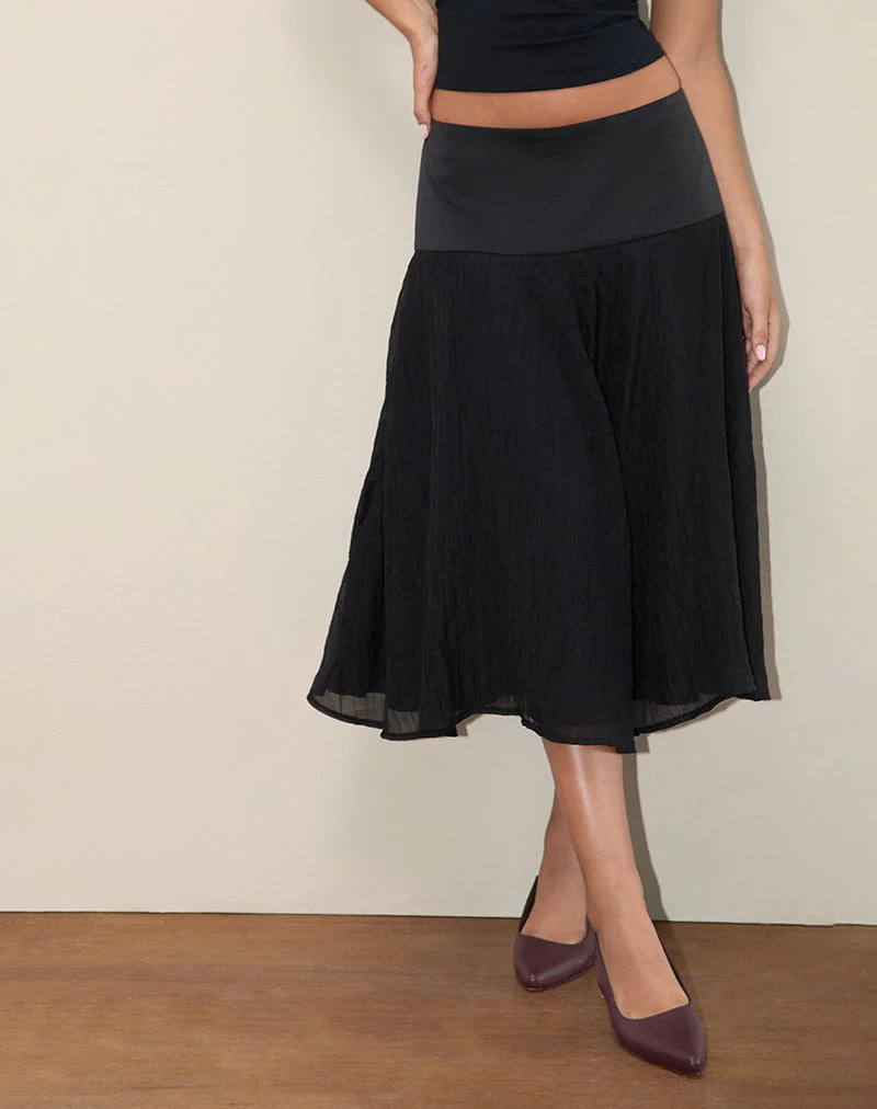 Jupe midi en mousseline de satin Diera, noire