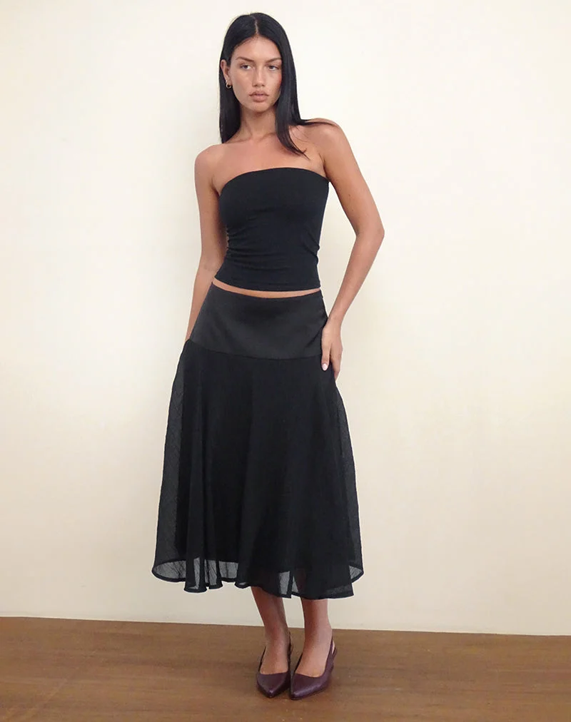 Jupe midi en mousseline de satin Diera, noire