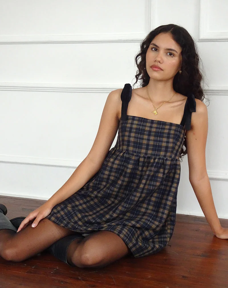 Mini robe à encolure carrée Mikayla à carreaux bleu marine et moutarde