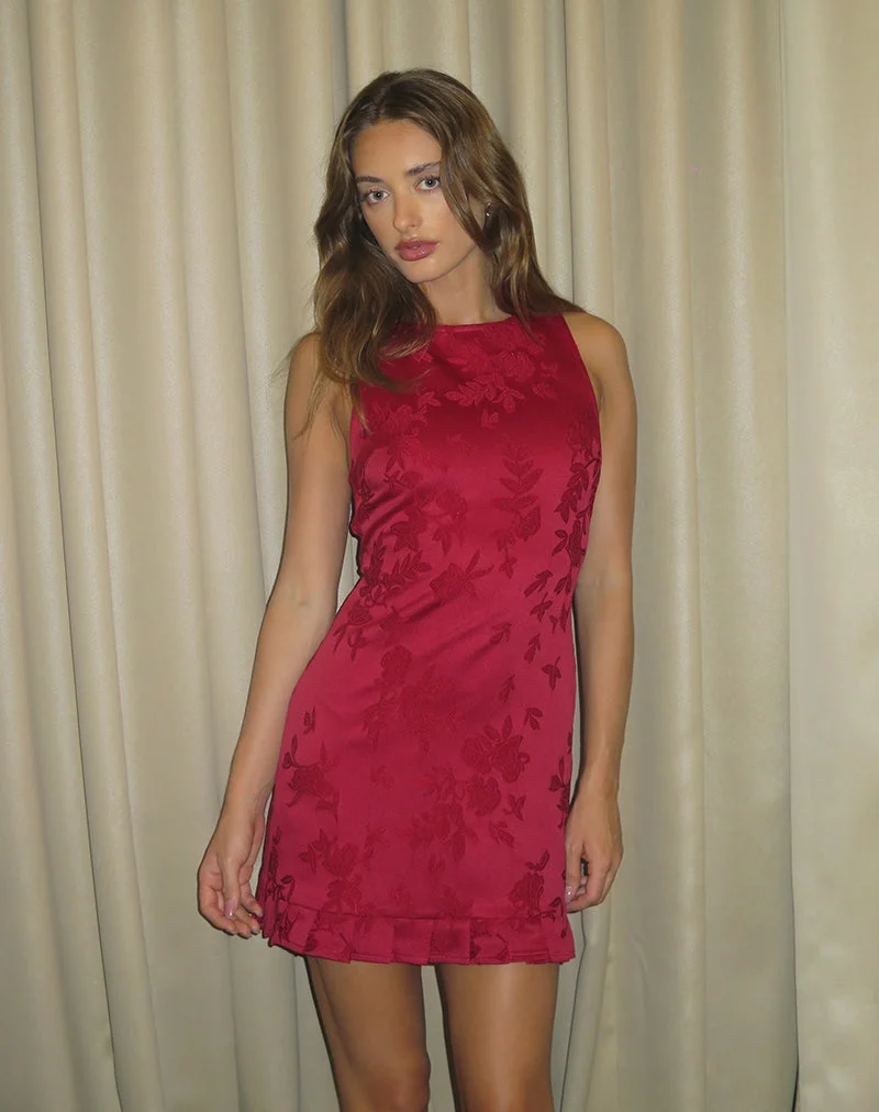 Benian Mini Robe en Satin Jacquard Rouge
