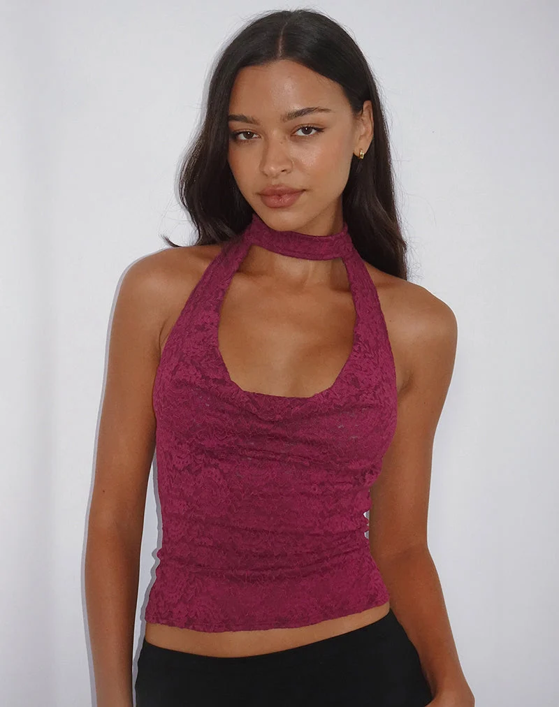 Samwell Halterneck Top in Paisley Lace Burgundy (Top dos nu en dentelle marguerite)