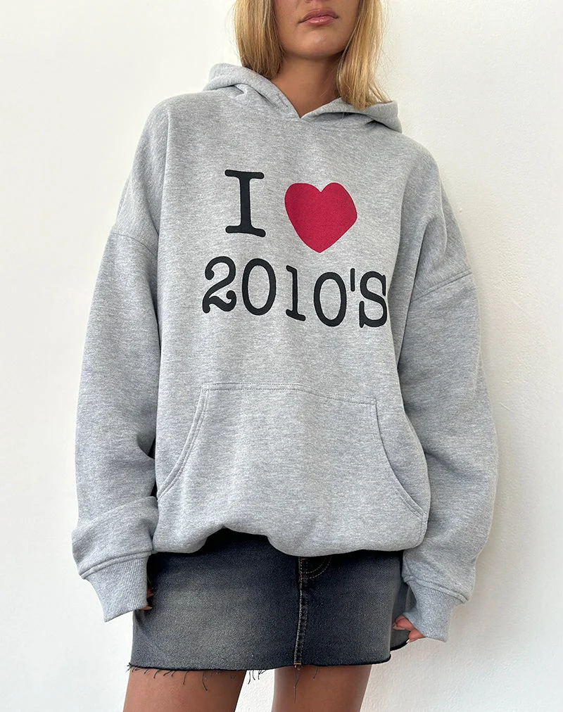 Sweat à capuche surdimensionné en gris marron avec imprimé I Love 2010's
