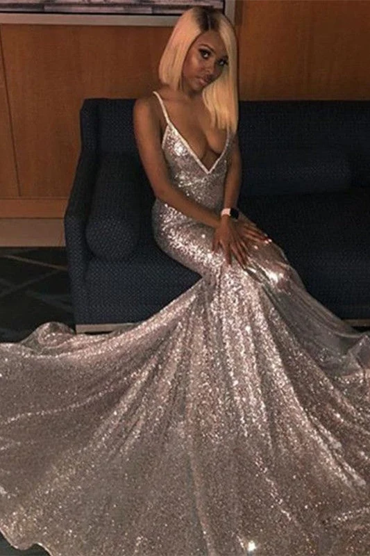 Robe de soirée sirène à bretelles spaghetti et col en V à paillettes