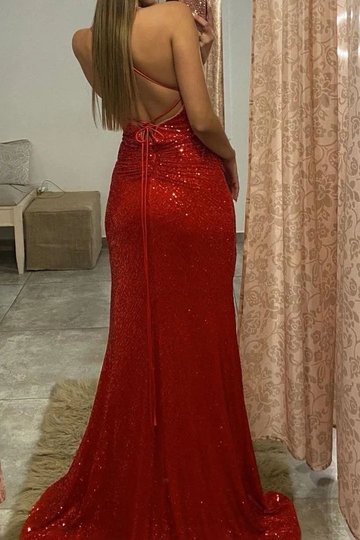 Robe de soirée rouge à bretelles spaghetti et sequins avec fente