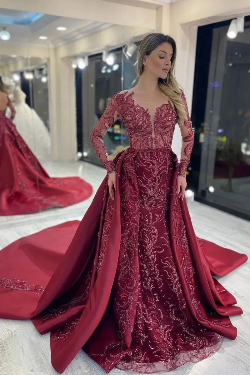 Robe de soirée sirène élégante à manches longues et paillettes appliquées