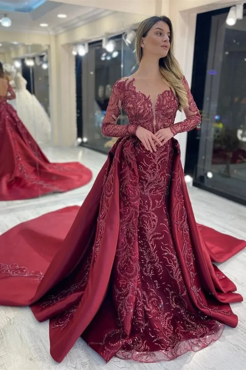 Robe de soirée sirène élégante à manches longues et paillettes appliquées