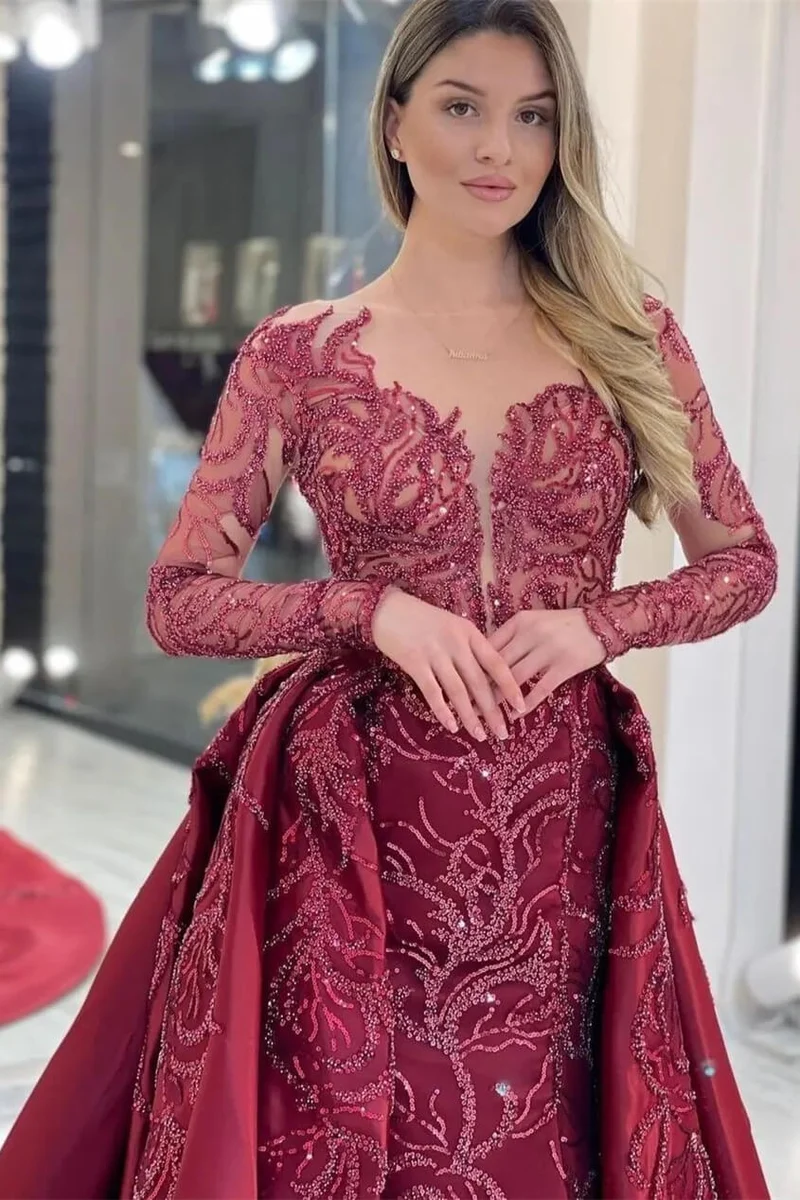 Robe de soirée sirène élégante à manches longues et paillettes appliquées