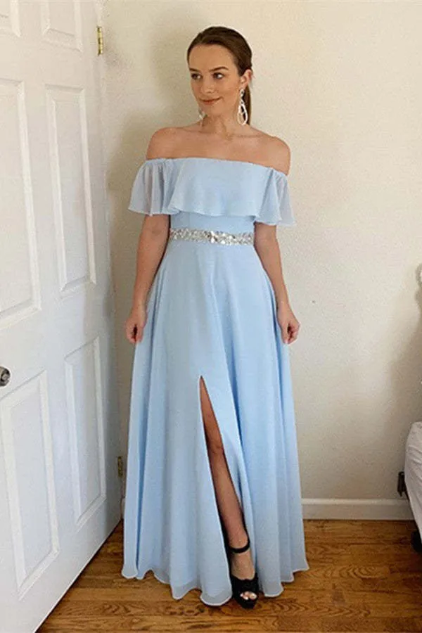 Robe de bal élégante bleu ciel à épaules dénudées et fente jusqu'aux cuisses