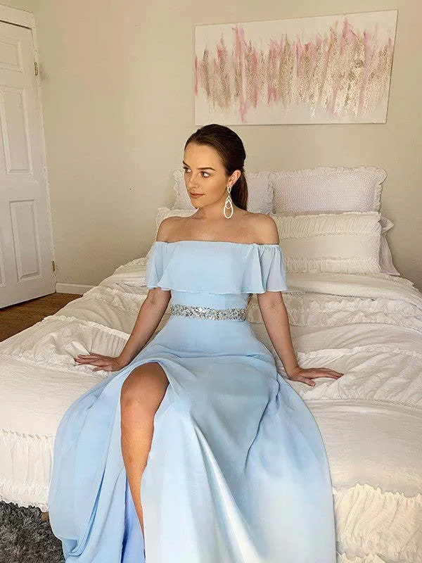 Robe de bal élégante bleu ciel à épaules dénudées et fente jusqu'aux cuisses
