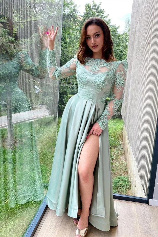 Robe de soirée élégante à manches longues et corsage en dentelle couleur sauge poussiéreuse