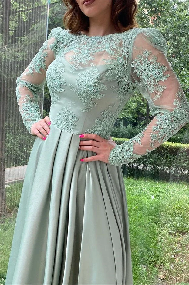 Robe de soirée élégante à manches longues et corsage en dentelle couleur sauge poussiéreuse