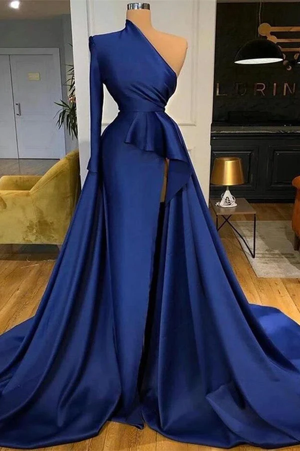 Robe de bal sirène bleu foncé à manches longues et fente sur la cuisse