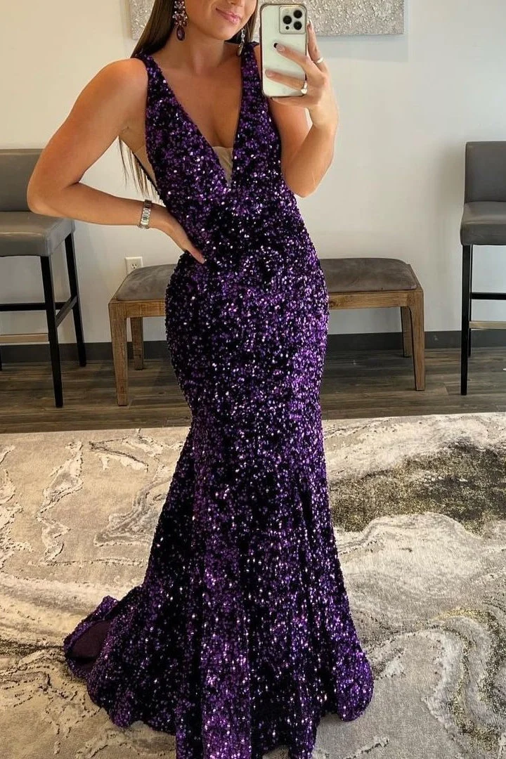Robe de bal sirène élégante à paillettes violettes et col en V