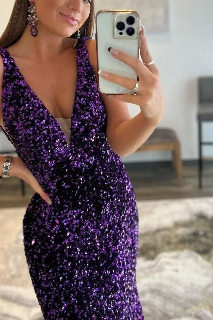 Robe de bal sirène élégante à paillettes violettes et col en V