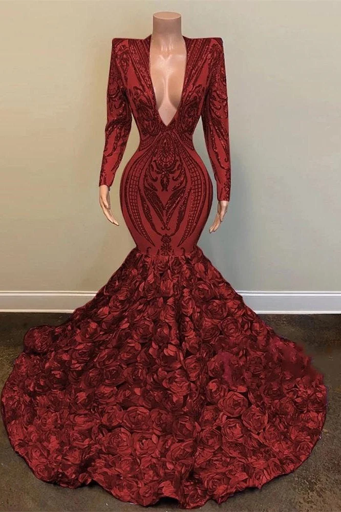 Robe de bal sirène rouge vin à col en V et manches longues avec bas fleuri