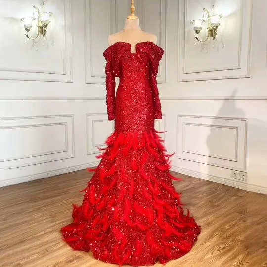 Robe de bal sirène rouge vin à col en V et manches longues avec bas fleuri