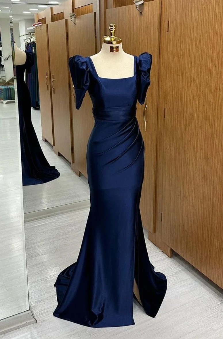 Robe de bal sirène bleu roi avec manches bouffantes et fente sur la cuisse