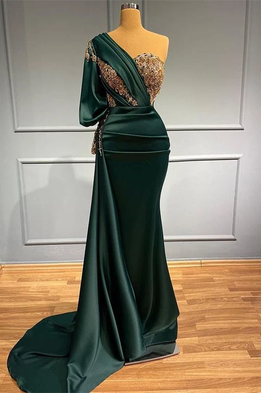 Robe de bal sirène élégante vert foncé à une épaule avec appliques perlées