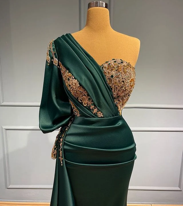 Robe de bal sirène élégante vert foncé à une épaule avec appliques perlées