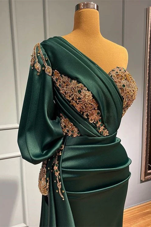 Robe de bal sirène élégante vert foncé à une épaule avec appliques perlées